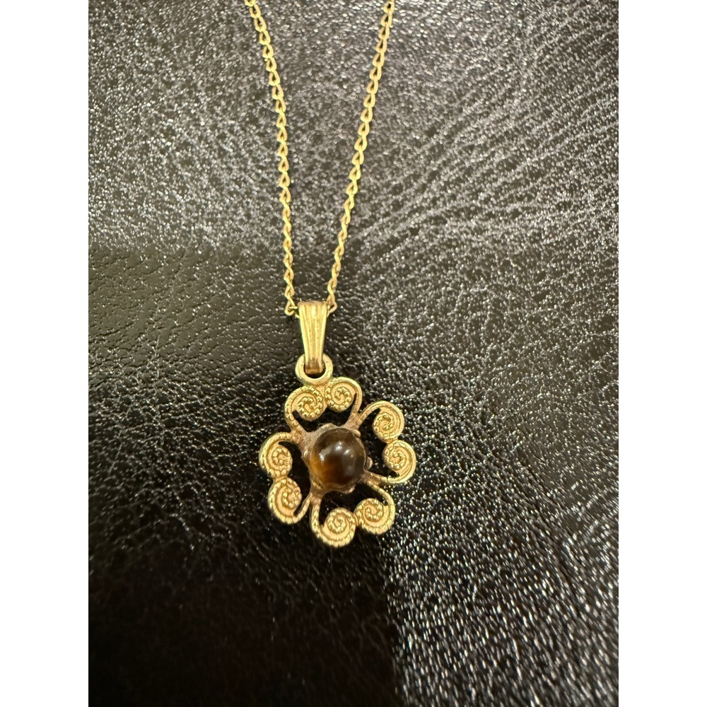 Vintage 12K Gold Filled Tigers Eye Filigree Flower Pendant Necklace Yellow 17"